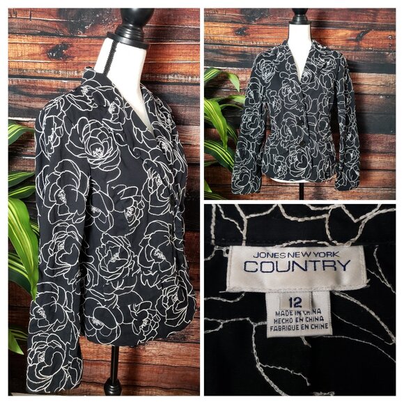 Jones New York Country Vintage Blazer Jacket 12 Black White Embroidered Cotton - Picture 1 of 9